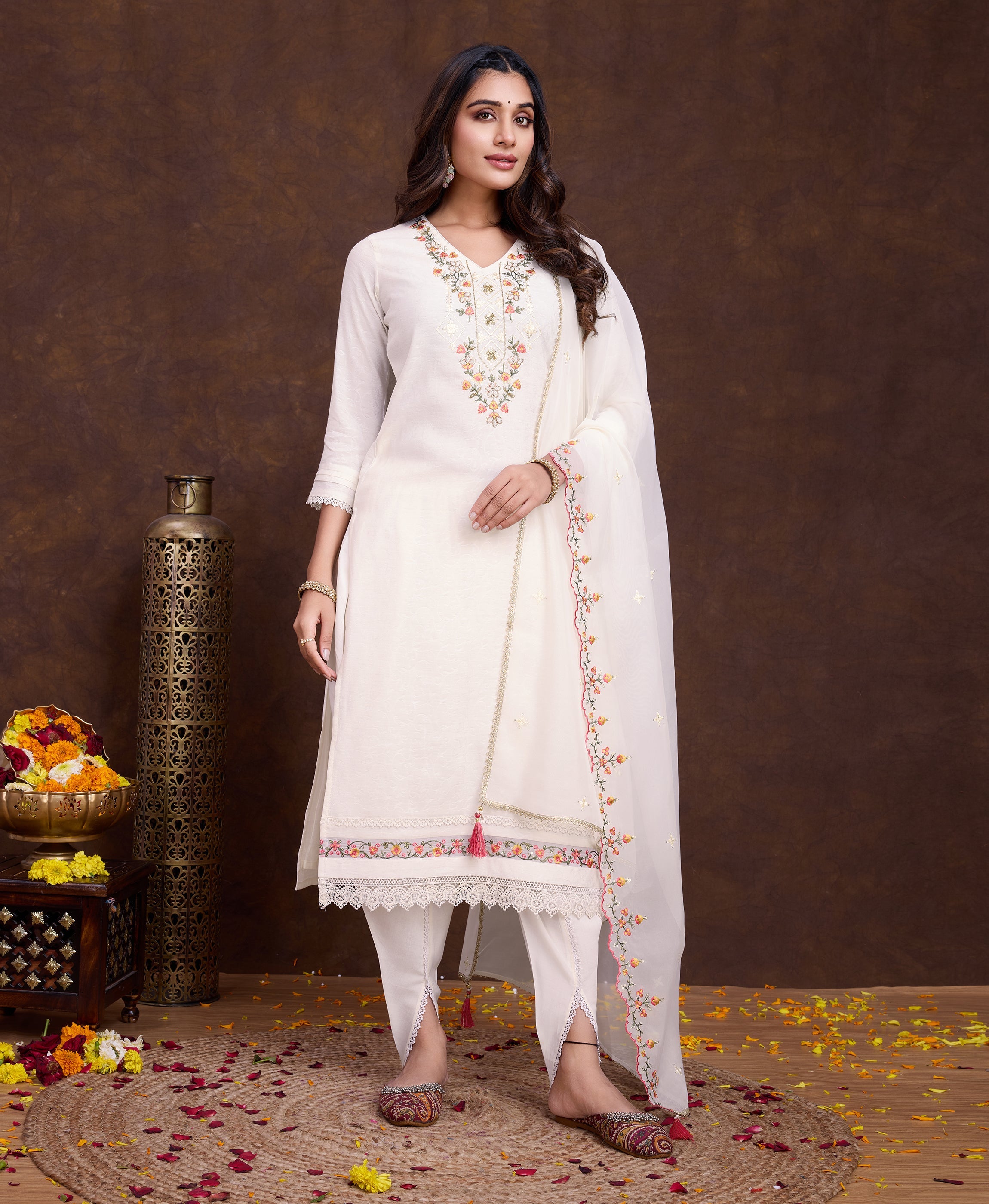 Off-White Viscose Embroidered Kurti Set